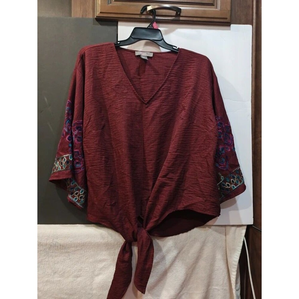 Olivia & Martin burgundy embroidered tie-front top - Size 2X